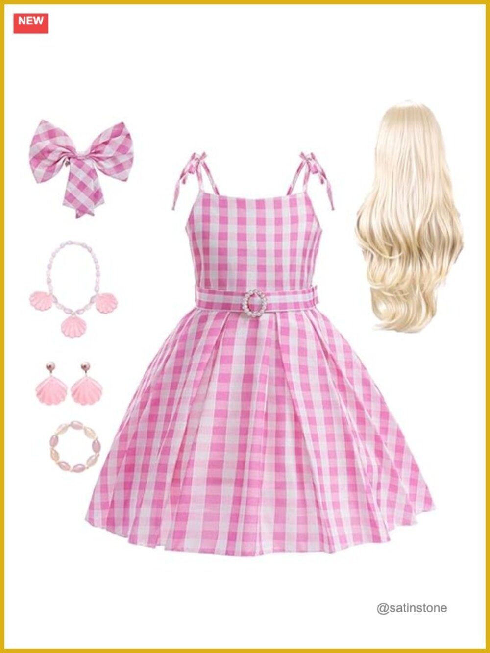 Girls Plaid Dress Costume Set Headwear Wig Necklace Bracelet